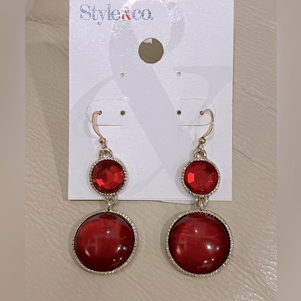 Style & Co. Bubble Drop Dangle Earrings NWT Red Gold Tone